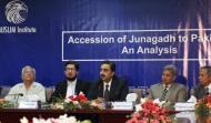 (Left to Right) Associate Professor, Dept of History, Quaid-i-Azam University Dr. Farooq Ahmad Dar, Former Diplomat and Retired Additional Secretary Ministry of Foreign Affairs Ambassador (R) Ishtiaq Hussain Andrabi, Chairman MUSLIM Institute Sahibzada Sultan Ahmad Ali, Former Federal Minister for Law Mr Ahmer Bilal Soofi, Associate Professor, Dept. of Politics & International Relations, Quaid-i-Azam University, Dr. Nazir Hussain & Associate Dean Centre for Peace and Conflict Studies, National University of Science & Technology, Dr. Tughral Yamin