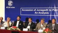 (Left to Right) Associate Professor, Dept of History, Quaid-i-Azam University Dr. Farooq Ahmad Dar, Former Diplomat and Retired Additional Secretary Ministry of Foreign Affairs Ambassador (R) Ishtiaq Hussain Andrabi, Chairman MUSLIM Institute Sahibzada Sultan Ahmad Ali, Former Federal Minister for Law Mr Ahmer Bilal Soofi, Associate Professor, Dept. of Politics & International Relations, Quaid-i-Azam University, Dr. Nazir Hussain & Associate Dean Centre for Peace and Conflict Studies, National University of Science & Technology, Dr. Tughral Yamin